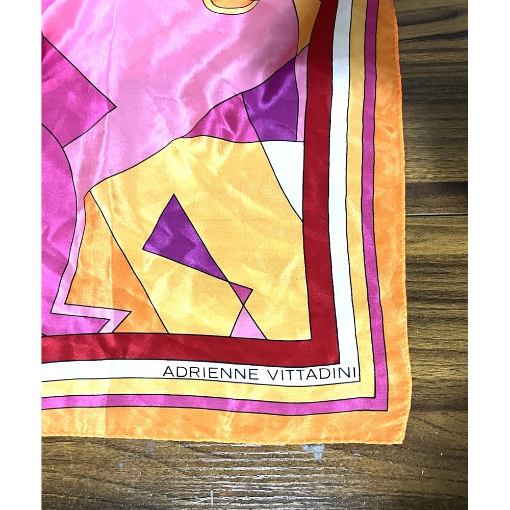 Vtg scarf 80s Adrienne Vittadini Colorful Silk Scarf 35.25" geometric - Picture 2 of 11